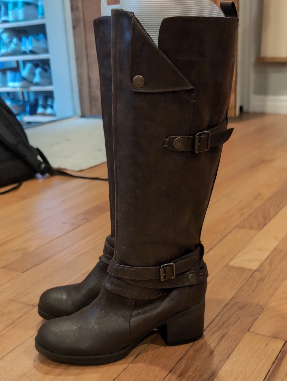 MIA Sabato Dark Brown Suede Buckle Mid-Calf Heeled Boots